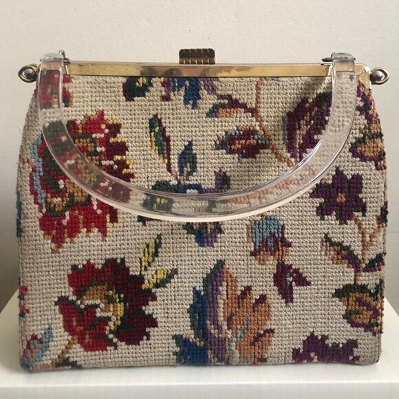 Vintage Handbag Tapestry Convertible with Clear Lucite Handled Purse by Edwards - Picture 1 of 1